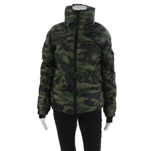 S13 NYC Womens Military Puffer Jacket Black Camouflage High Neck Zip Size XS